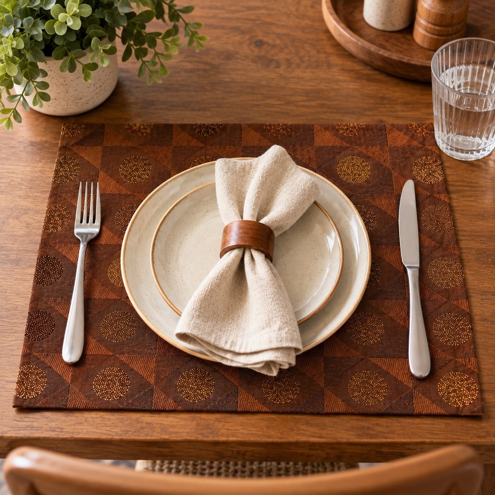 Crate & Barrel Gramercy Placemats Set of 4 Chocolate Brown Geometric Metallic